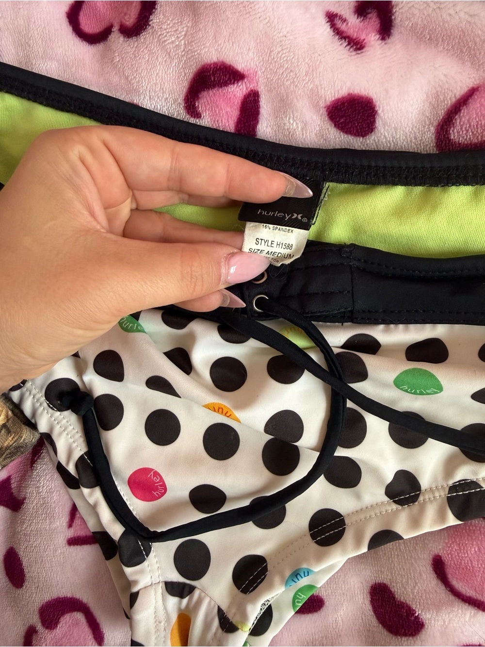 Hurley White Polka Dot Bikini with Black Trim and Neon Accents - Picture 2 of 8